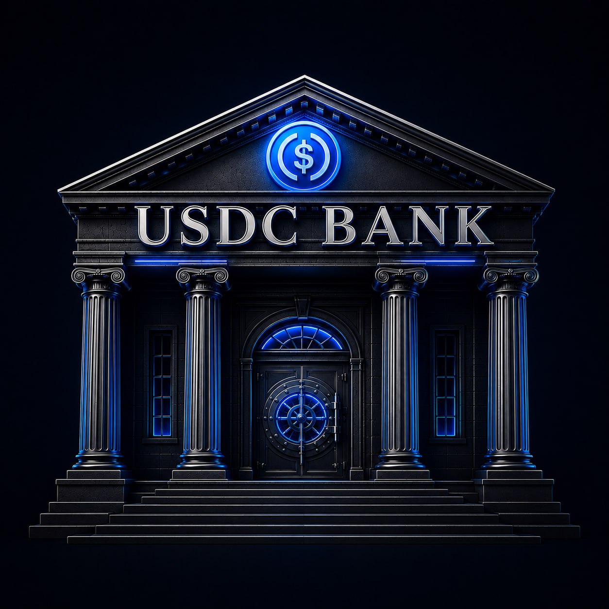 USDC Bank — neoclassical vault building with glowing blue accents